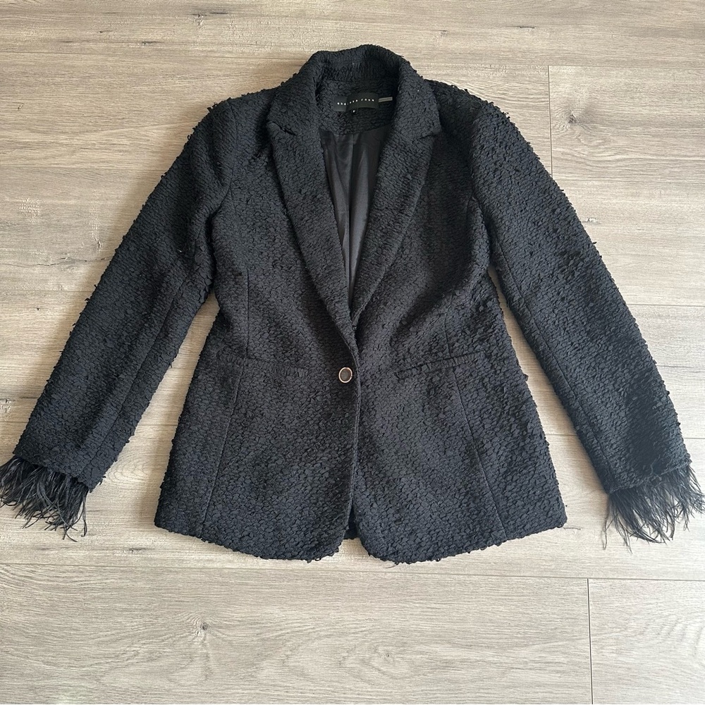 EUC endless rose Women's Feather-Trimmed Tweed Blazer - black - size medium